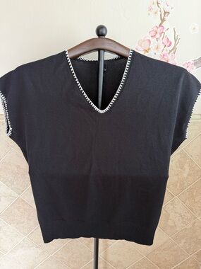 Black V-Neck Cap Sleeve Top with White Trim